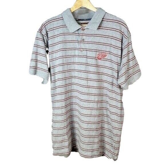 Hockey Rules Detroit Red Wings Shirt Gray Large Red Stripe Polo Short Sleeve - Picture 1 of 7